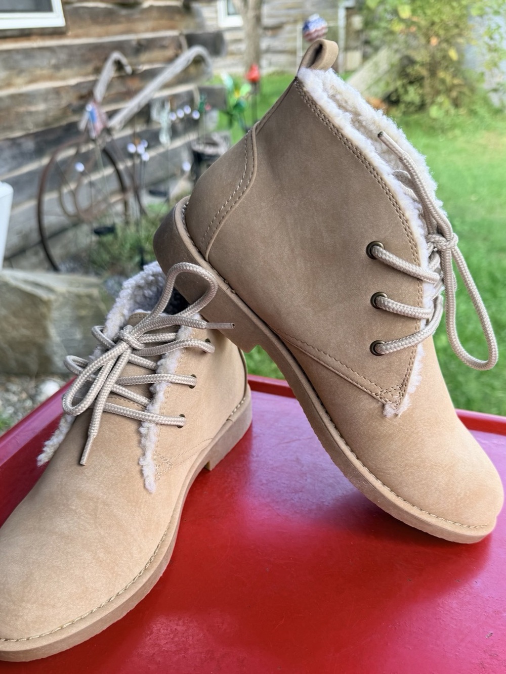 Seven Dials Mallori Natural Sueded Lace Up Faux Fur Ankle Boots Size 6.5 NIB